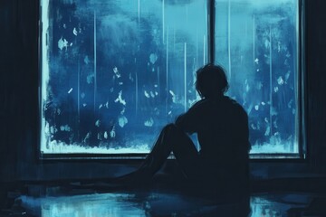 Aufkleber - Lonely figure looking out a rainy window on a gray day with deep blues and moody lighting