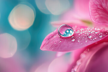 Poster - A glistening dewdrop rests on a vibrant pink petal, reflecting the soft, blurred background.