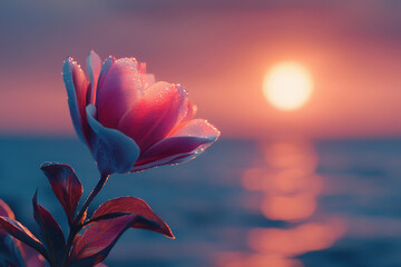 Poster - Dew-kissed pink flower blossoms at sunset, serene ocean backdrop.