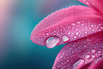 Poster - Close-up of a pink flower petal covered in glistening morning dew drops.
