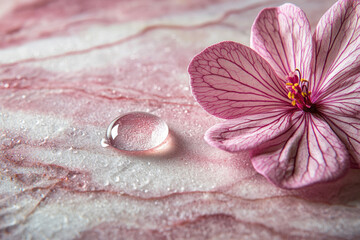 Poster - A single water droplet rests beside a delicate pink flower on a textured pink surface.