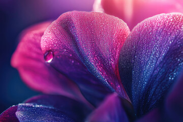 Poster - Close-up of dew-covered flower petals showcasing vibrant purple and pink hues.