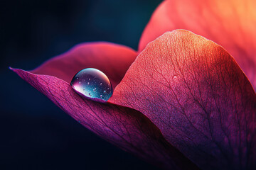Poster - A glistening water droplet rests delicately on a vibrant, crimson flower petal, showcasing nature's exquisite detail.