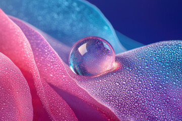 Poster - A crystal-clear water droplet rests on a vibrant, dew-kissed, pink and blue fabric.