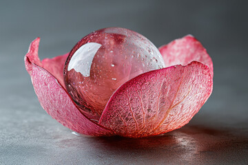 Poster - A translucent sphere rests delicately within a crimson rose petal, creating a captivating visual.