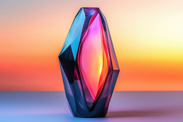 Poster - A vibrant, faceted glass vase glows with sunset hues, showcasing intricate design and radiant colors.