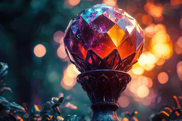 Poster - A vibrant, multifaceted gemstone orb atop an ornate pedestal, glowing with inner light against a bokeh background.