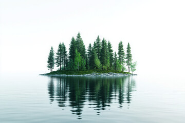 Wall Mural - A serene, isolated island with dense evergreen trees reflecting on the calm, mirror-like surface of the surrounding water.