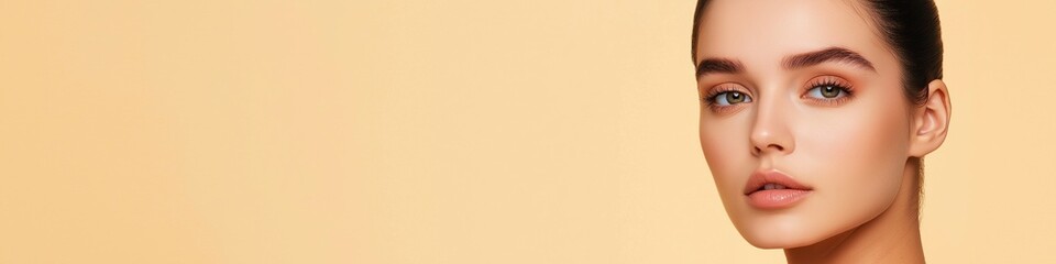 Poster - A woman with a shaved eyebrow stands in front of a light brown background. She is wearing a light brown shirt and has a light brown background
