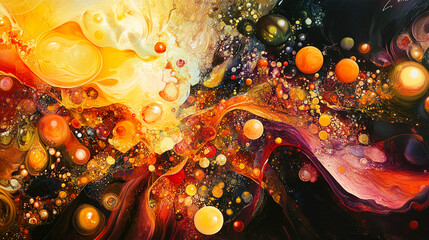 Aufkleber - Abstract artwork with swirling orange, yellow, and red hues, interspersed with dark tones and luminous orbs, creating a dynamic and energetic cosmic scene