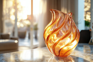 Poster - Amber glass vase with swirling design, illuminated by sunlight, sits on a table in a modern living room.
