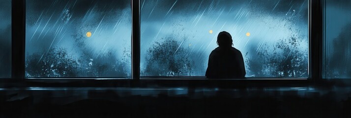 Poster - Lonely figure gazes out at rainy night through window with moody blues and grays in background