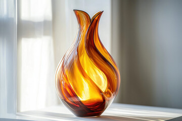 Poster - Elegant amber glass vase with swirling, flame-like design, a beautiful home decor piece.