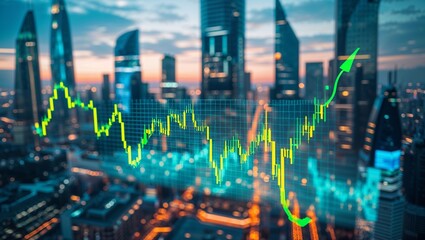 Poster - Stock market trends visualized over a bustling urban skyline at dusk