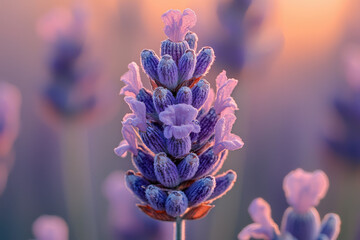 Poster - A single lavender flower bathed in the warm glow of sunset, showcasing its delicate purple hues and intricate details.