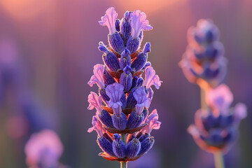 Aufkleber - A single lavender flower bathed in the warm glow of sunrise, showcasing its delicate purple blossoms.