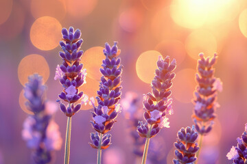 Poster - Lavender flowers bathed in warm sunset light, creating a serene and peaceful atmosphere.