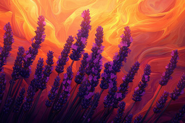 Poster - Vibrant purple lavender flowers silhouetted against a fiery orange and yellow sunset.