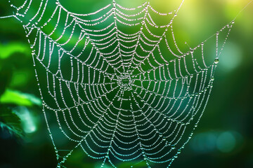 Poster - A spiderweb glistening with morning dew, intricate details and vibrant green background.