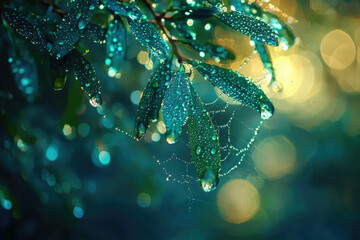 Poster - Dew-kissed leaves glisten, adorned by a delicate spiderweb, bathed in soft light.