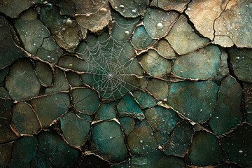 Poster - A dew-kissed spiderweb delicately rests on a fractured, dark green stone surface.
