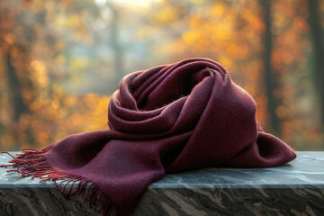 Poster - A maroon woolen shawl, softly folded, rests on a marble surface against a blurred autumnal background.