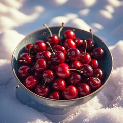 Poster - fresh cherries resting in a ceramic bowl surrounded by white snow on a sunny winter day