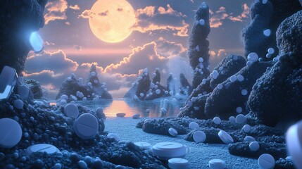 Poster - Surreal medical landscape of pill structures illuminated by dreamlike lighting during twilight hours Generative AI