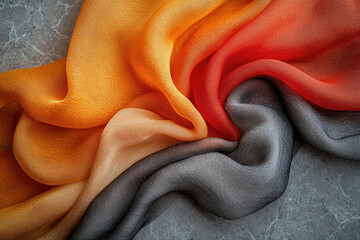 Poster - Draped ombre fabric in shades of orange, red, and gray showcasing texture and color gradation.