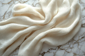 Poster - Cream-colored knitted fabric softly draped on a marble surface, showcasing its texture and delicate weave.