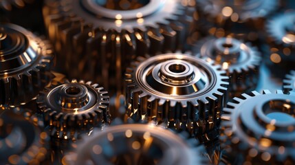 Poster - Gears of various sizes interconnected in a precise arrangement showcasing intricate engineering details
