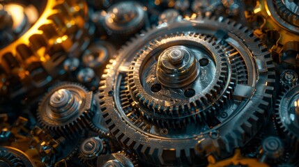 Poster - Close-up view of intricate mechanical gears illuminated by soft light in a vintage machinery setting