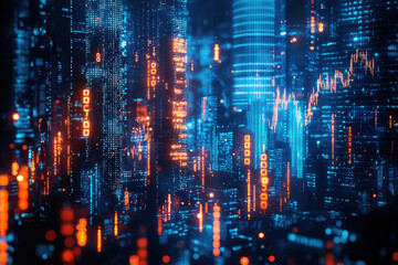 Poster - A futuristic cityscape composed of glowing digital data streams and stock market charts.