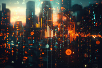 Poster - A futuristic cityscape overlaid with dynamic data visualizations, illustrating technological advancement and urban integration.