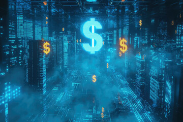 Poster - Futuristic cityscape with glowing dollar signs, symbolizing digital finance and the metaverse.