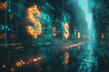 Poster - Digital currency flows through a futuristic city, symbolizing the integration of finance and technology.
