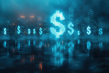 Poster - Futuristic cityscape with glowing dollar signs, representing finance and digital economy.