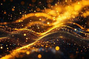Poster - Abstract golden particles wave, shimmering, glittering, dark background, luxurious, elegant, dynamic, energy, vibrant, festive.