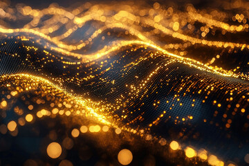 Poster - Abstract wave of golden particles, glowing and shimmering in dark background. Digital art, 3D render.