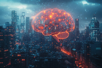 Poster - A futuristic city skyline with a glowing brain, symbolizing AI's impact on urban landscapes.