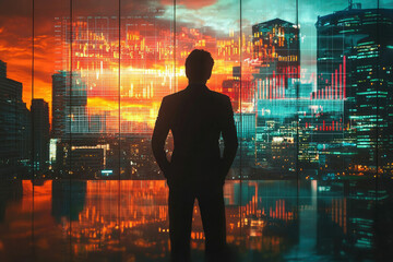 Poster - A businessman silhouetted against a cityscape at sunset, overlaid with dynamic financial data visualizations.