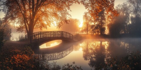 Wall Mural - foggy forest lake bridge
