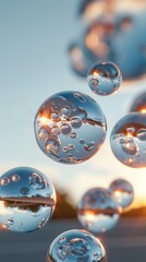 Poster - Suspended bubbles reflecting sunlight during a tranquil evening at a park