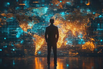Poster - A businessman stands before a digital world map, representing global connectivity and data visualization.