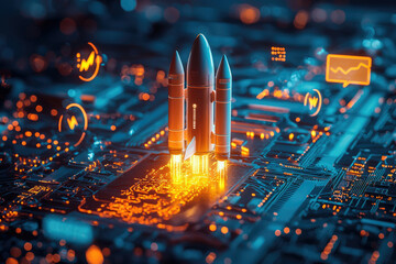 Poster - A futuristic rocket launching from a circuit board, symbolizing technological innovation and rapid growth.