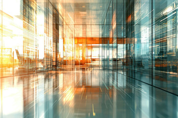 Poster - Modern glass office building interior with city reflections and data streams, showcasing technological innovation and futuristic design.
