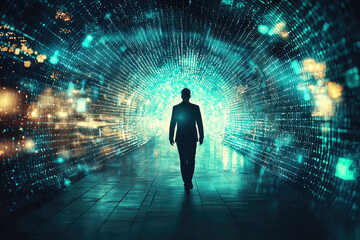 Poster - A lone figure walks through a vibrant, digital tunnel, symbolizing technological advancement and the future.
