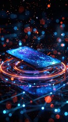 Poster - Colorful abstract representation of a smartphone surrounded by glowing particles and rippling light effects at night