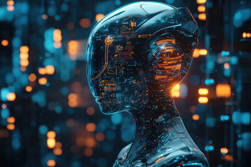 Poster - A transparent robotic head with glowing circuits, showcasing futuristic technology in a city backdrop.