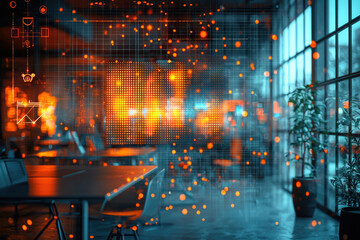 Poster - Modern office interior with futuristic digital overlay showing data streams and network connections.